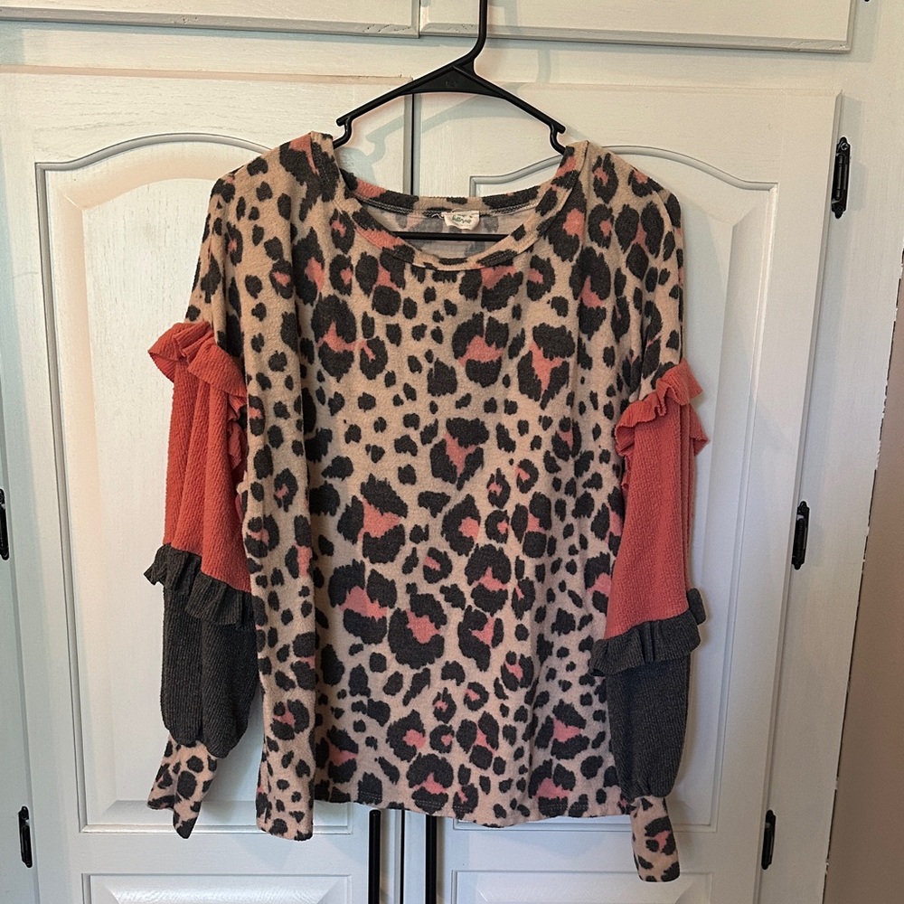 Leopard Print Blouse with Ruffle Sleeves; Blue Buttercup Medium